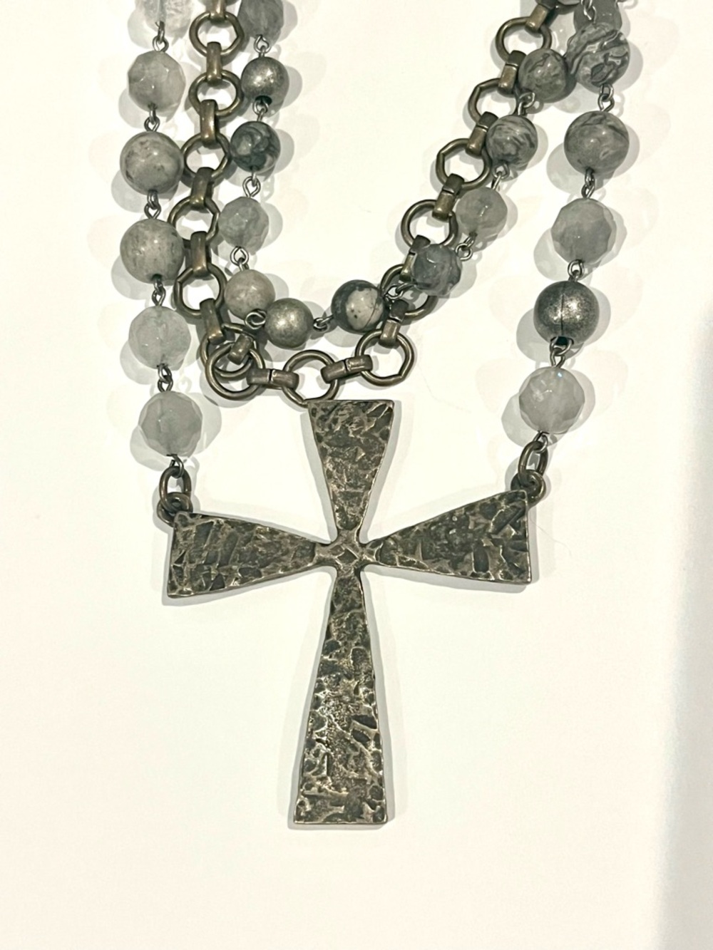 New Silver-Tone Beaded Cross Necklace French Kande 16 in. - Picture 2 of 5